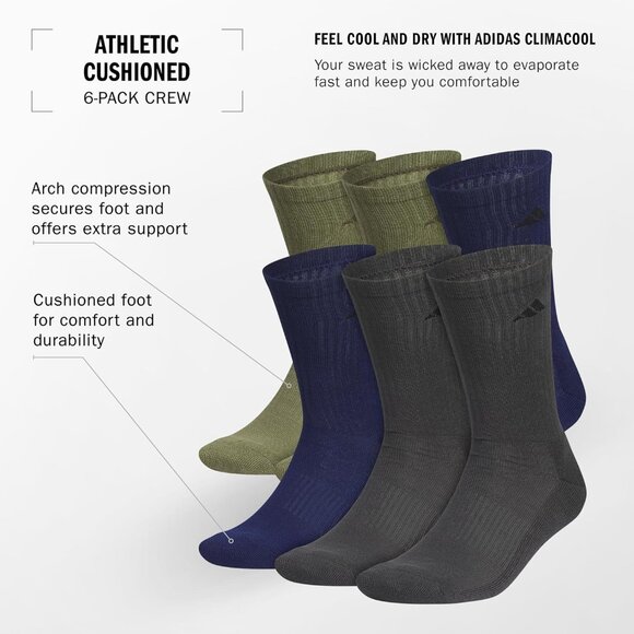 Adidas Athletic Men's Cushioned Aeroready Arch Compression Crew Socks - 6 Pairs - Picture 2 of 6